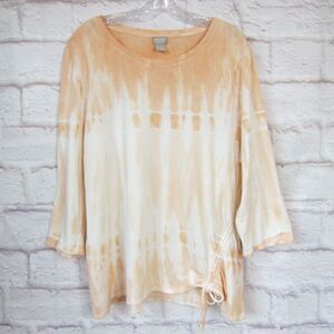 Chicos Zenergy Glazed Peach White Tie Dye Knit Top Ruched Side size 3, XL, 16/18